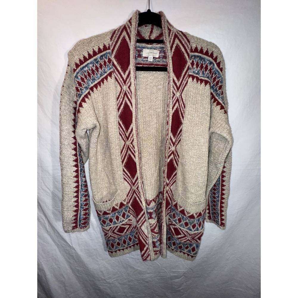 Lucky Brand Womens M Cardigan Sweater Aztec Southwestern Open Front Beige 3Q95